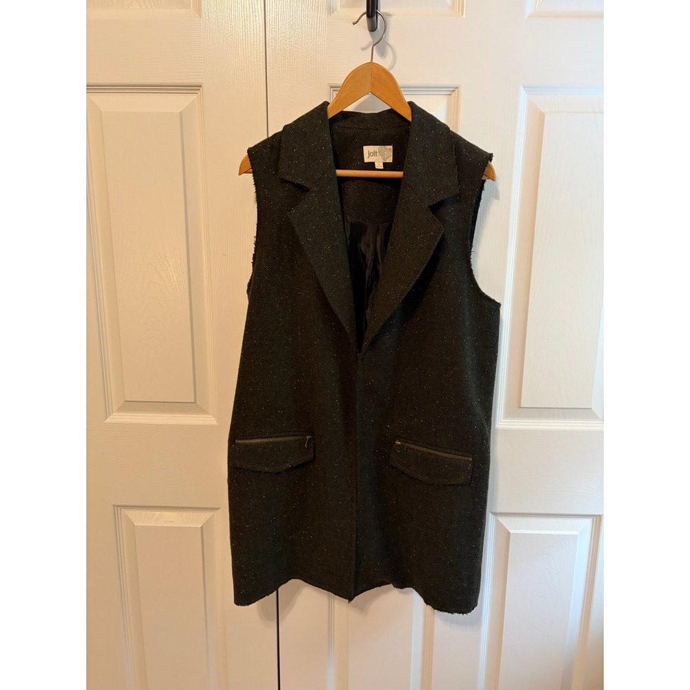 Jolt Womens Dark Green Herringbone Wool Blend Longline Sleeveless Vest Large